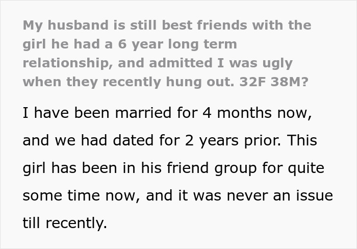 Text about a woman overhearing her husband admit she's ugly to his ex. Text about a woman overhearing her husband admit she's ugly to his ex.