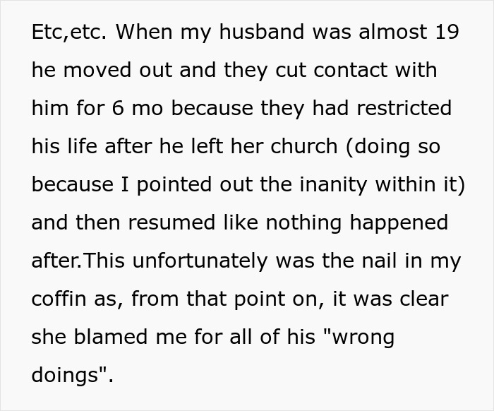 The frustrated bride describes her husband being cut off by his family due to a toxic MIL. The frustrated bride describes her husband being cut off by his family due to a toxic MIL.