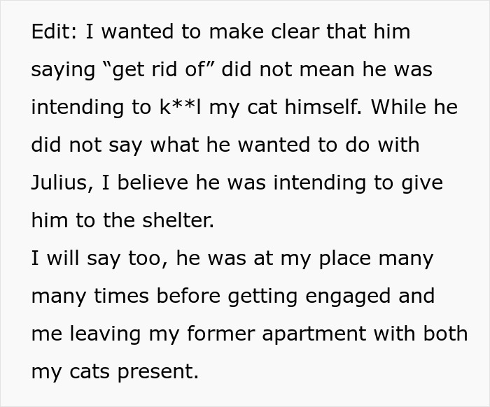 A text screenshot explaining the fiancé's intention to send the cat to a shelter, affecting the engagement. A text screenshot explaining the fiancé's intention to send the cat to a shelter, affecting the engagement.