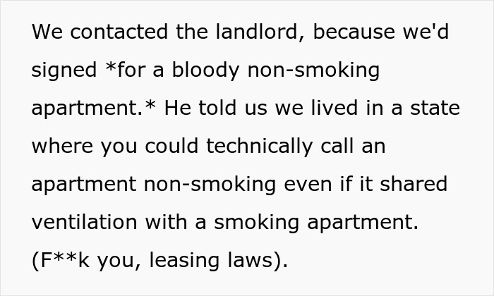 Text describing a woman dealing with her nightmare neighbor, and landlord saying her non-smoking apartment still shares ventilation.