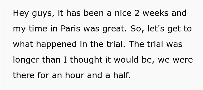A Reddit post detailing the timeline and events of a trial after an aunt asked for money. A Reddit post detailing the timeline and events of a trial after an aunt asked for money.