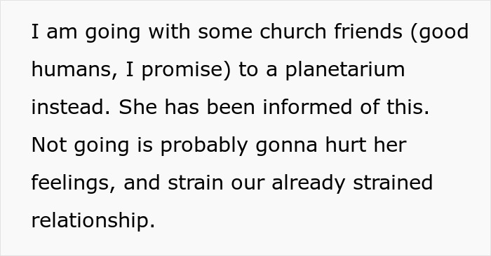 Text snippet: Boycotting the event to attend a planetarium instead, impacting the relationship between siblings.