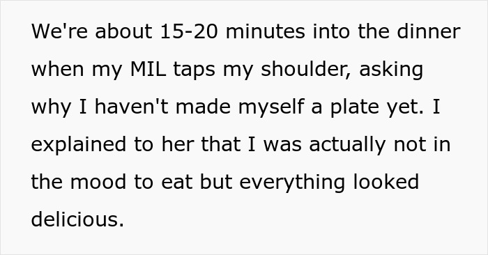 Text describing the MIL asking why the woman hasn't made a plate yet, connecting to refusing to eat MIL's cooking.