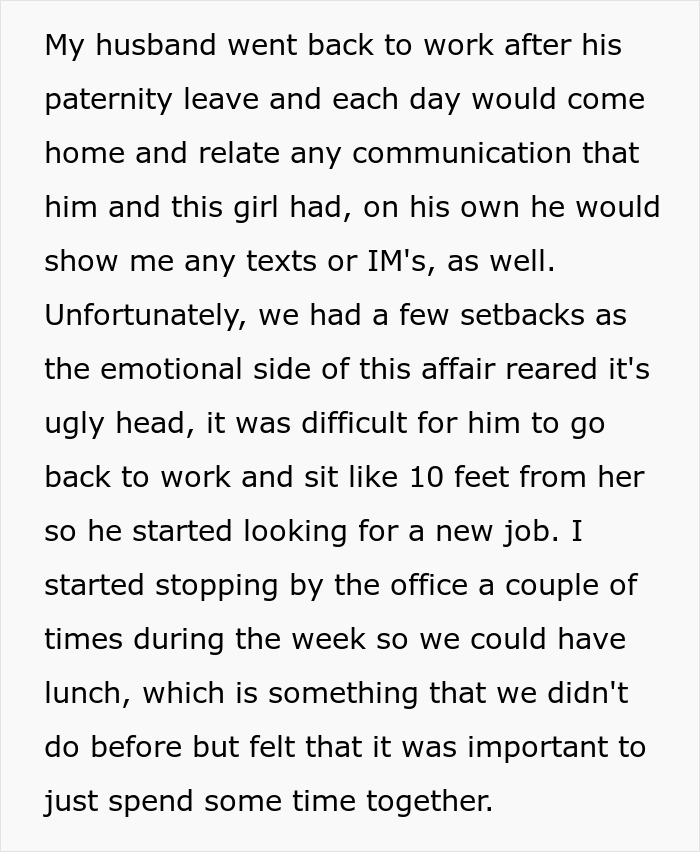 Text outlining a husband's return to work after paternity leave, facing setbacks after cheating. Text outlining a husband's return to work after paternity leave, facing setbacks after cheating.
