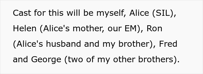 Screenshot of text introducing characters for the wedding story, including SIL, MIL, and other family. Screenshot of text introducing characters for the wedding story, including SIL, MIL, and other family.