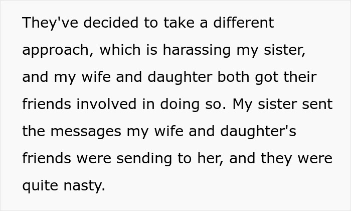 Text describing the harassment from a daughter and wife after she lost her college fund. Text describing the harassment from a daughter and wife after she lost her college fund.