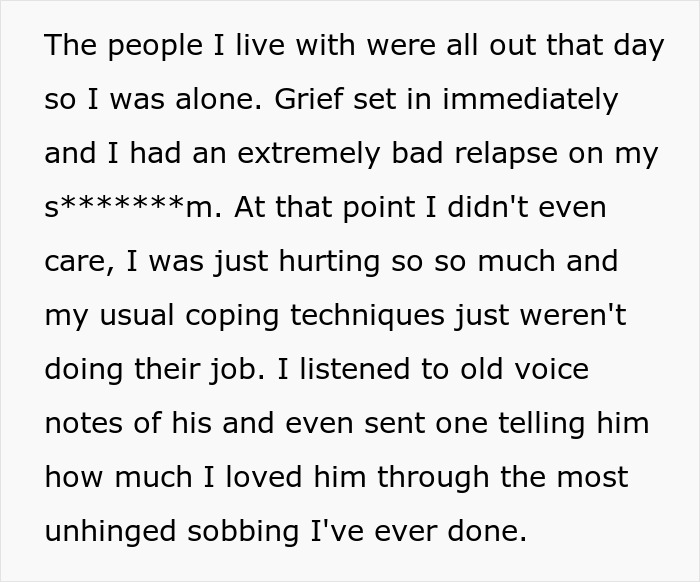 A screenshot showing text detailing the girlfriend's grief and emotional relapse after the cruel prank. Girlfriend's reaction. A screenshot showing text detailing the girlfriend's grief and emotional relapse after the cruel prank. Girlfriend's reaction.