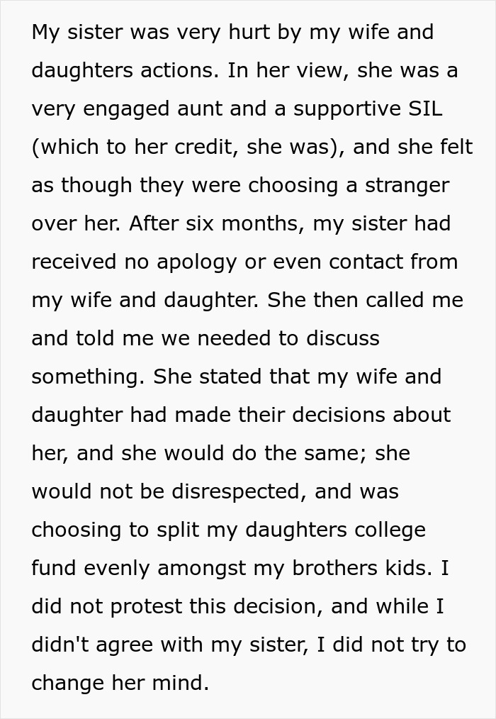 A parent discusses their sister's decision to split the college fund after their daughter offended her. A parent discusses their sister's decision to split the college fund after their daughter offended her.