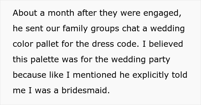 Text explaining the groom's promise of bridesmaid dresses and the bride's subsequent rejection letters based on weight. Text explaining the groom's promise of bridesmaid dresses and the bride's subsequent rejection letters based on weight.