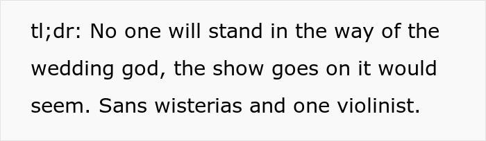A screenshot of text summarizing that the wedding will proceed without a specific violinist.