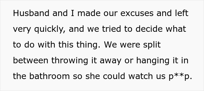 Text about a couple's dilemma regarding a crazy MIL's witchcraft item after a potion incident: throw away or hang in the bathroom?