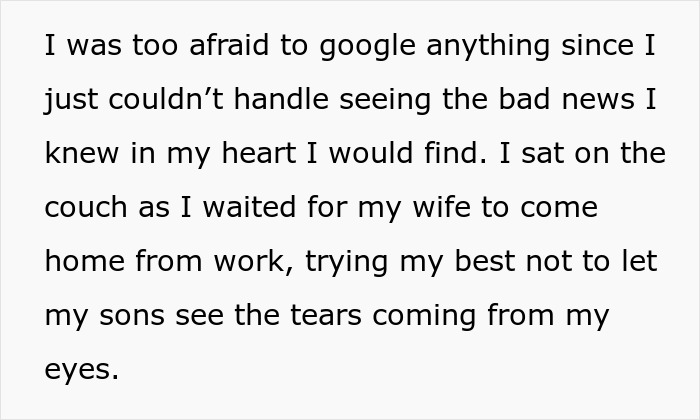Man facing a giant brain tumor, trying to hide his tears from his sons.