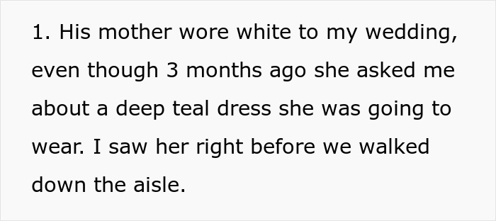 Text snippet explaining a toxic MIL wore a white dress to a wedding. Text snippet explaining a toxic MIL wore a white dress to a wedding.