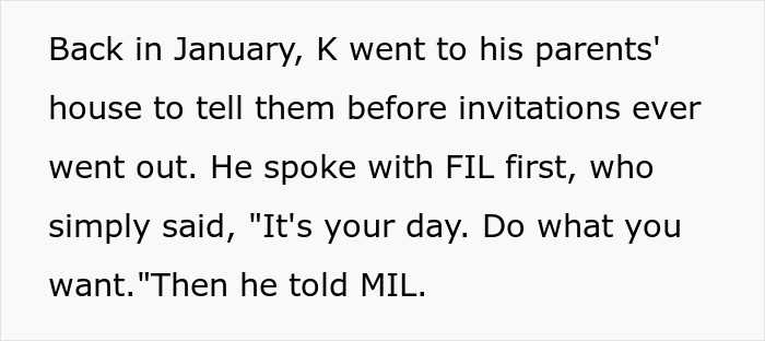 Text describing the husband informing his parents about the childfree wedding, anticipating a family feud. Text describing the husband informing his parents about the childfree wedding, anticipating a family feud.
