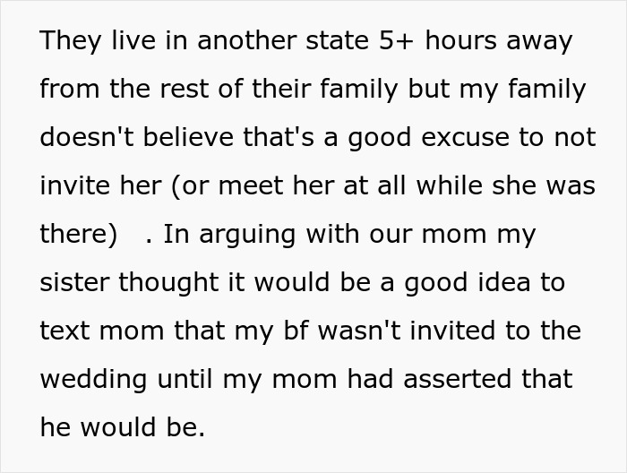 Bride keeps bridesmaid&rsquo;s BF off the wedding guest list; sister spreads rumors.