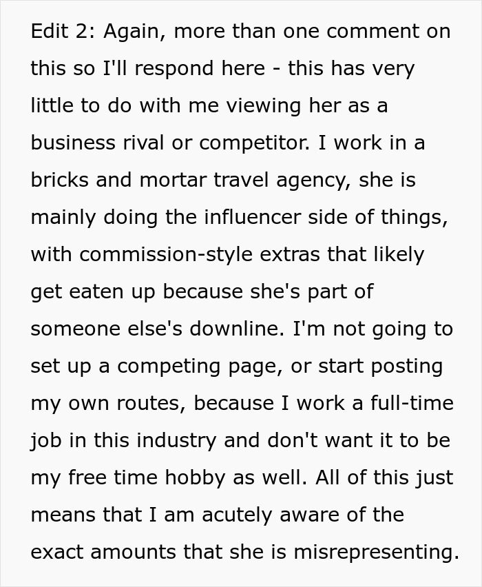 A travel influencer is called out for lying about solo trips and budget in a text post, discussing commission-style extras. A travel influencer is called out for lying about solo trips and budget in a text post, discussing commission-style extras.