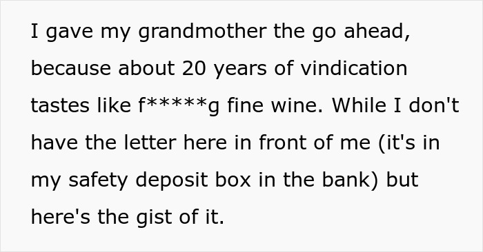 A screenshot of text discussing the vindication of a great-grandma's letter, providing the gist of the troll. A screenshot of text discussing the vindication of a great-grandma's letter, providing the gist of the troll.