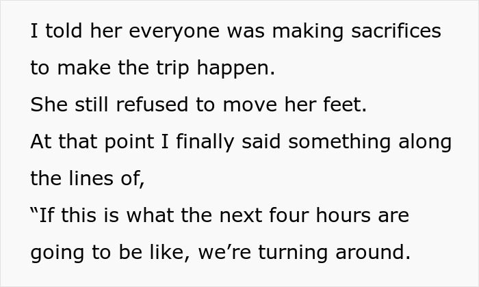 Text snippet detailing the turning car around decision due to sister's unexpected reaction and family drama on a trip. Text snippet detailing the turning car around decision due to sister's unexpected reaction and family drama on a trip.