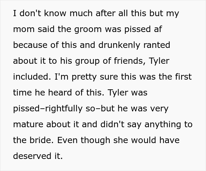 Text snippet about the groom being angry over the bride's messed up request, revealing her twisted values to friends.