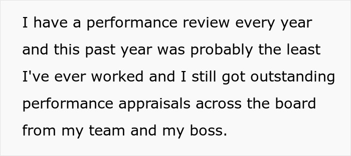 A woman consistently receives outstanding performance appraisals in her easy job with a medium salary. A woman consistently receives outstanding performance appraisals in her easy job with a medium salary.