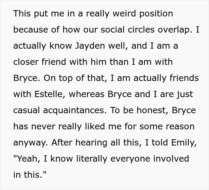 Text detailing social circles overlapping and a man's position knowing everyone involved with the cheating girlfriend.
