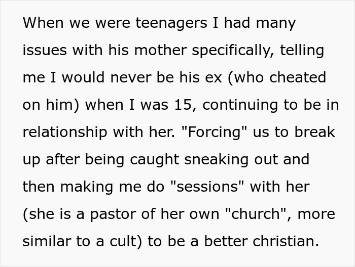 Screenshot of text describing teenage issues with husband's mother, a toxic MIL, trying to control their relationship. Screenshot of text describing teenage issues with husband's mother, a toxic MIL, trying to control their relationship.