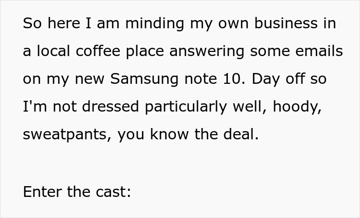 Text describing a Black woman answering emails on her expensive phone at a coffee place, before encountering the 'Racist Karen'. Text describing a Black woman answering emails on her expensive phone at a coffee place, before encountering the 'Racist Karen'.