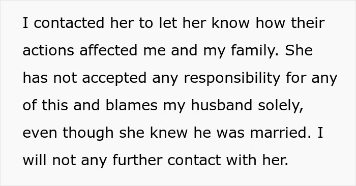 The pregnant wife describes contacting the coworker after her husband cheated, who took no responsibility. The pregnant wife describes contacting the coworker after her husband cheated, who took no responsibility.