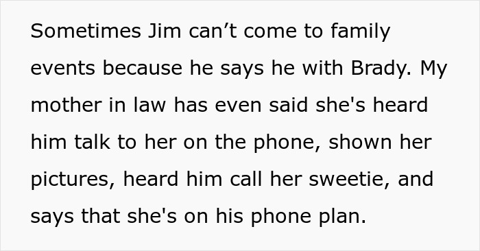 Text detailing how Jim's GF is on his phone plan and his mother-in-law has heard them talk.