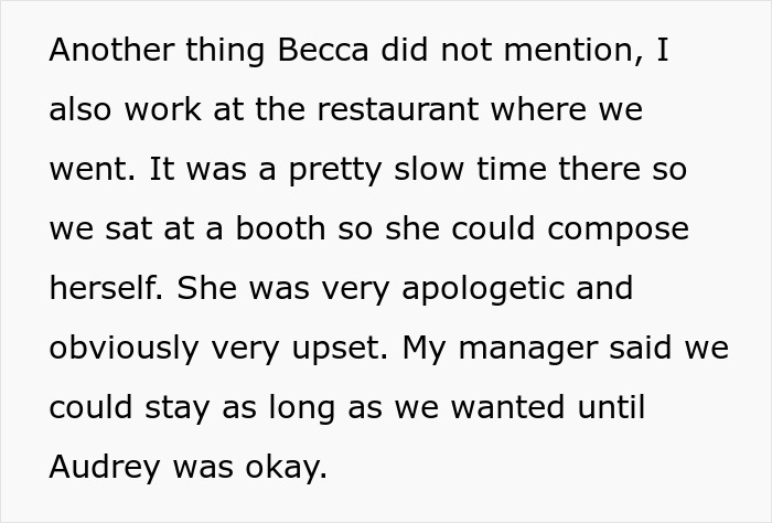 Screenshot of text showing a woman trying to console Audrey, upset about her cheating ex, at a restaurant.