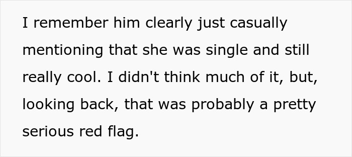 Text describing a red flag when the groom mentioned an old friend was single and cool. Text describing a red flag when the groom mentioned an old friend was single and cool.