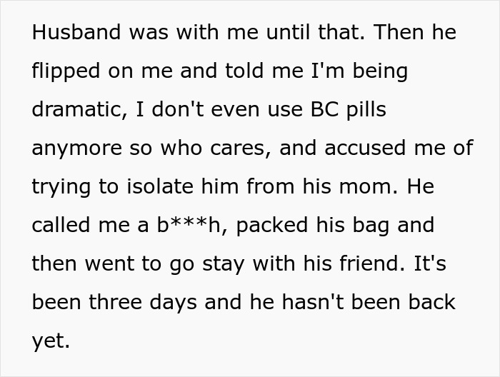 Screenshot of text about husband's reaction, calling wife dramatic, regarding a plan to make DIL have kids.