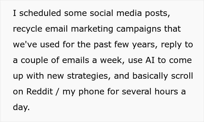 Screenshot of text explaining the tasks of an easy job, including social media, email, and AI for strategy. Screenshot of text explaining the tasks of an easy job, including social media, email, and AI for strategy.