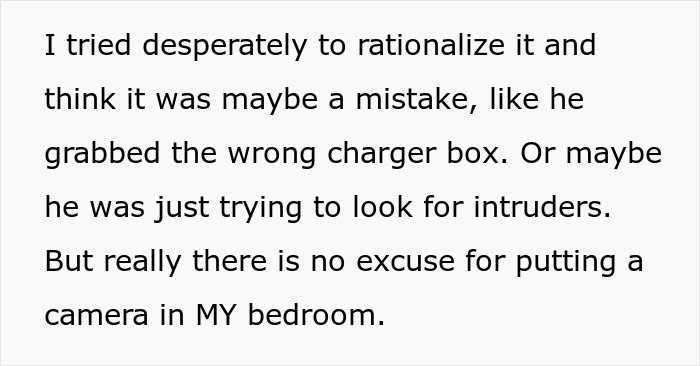 Text snippet: No excuse for step-dad putting a spy camera in room. Text snippet: No excuse for step-dad putting a spy camera in room.