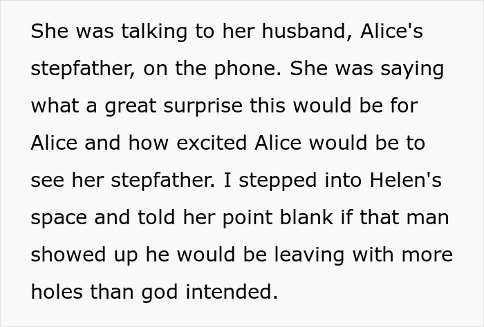 A screenshot from a story about a MIL sabotaging a wedding, with text describing Helen on the phone with Alice's stepfather. A screenshot from a story about a MIL sabotaging a wedding, with text describing Helen on the phone with Alice's stepfather.