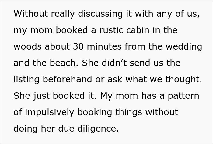 Text describing the mom's impulsive booking of a rustic cabin for family travel, without family consultation.
