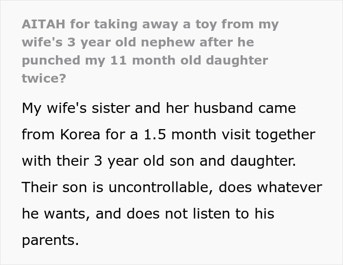 Screenshot of text about a man punishing his nephew for punching his baby daughter. Family says he should stay out of it.