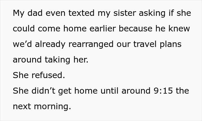 Text message from dad asking sister to come home early for the car trip, highlighting family drama. Text message from dad asking sister to come home early for the car trip, highlighting family drama.