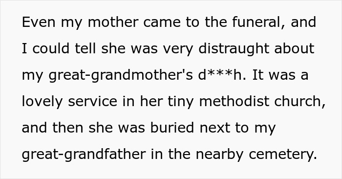 Text detailing the funeral service for the great-grandma, highlighting her trolling from the grave. Text detailing the funeral service for the great-grandma, highlighting her trolling from the grave.
