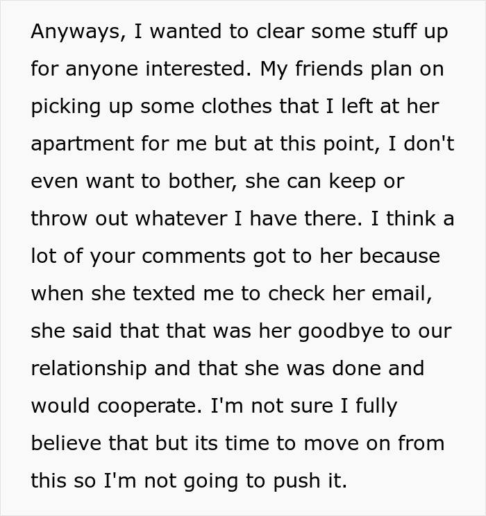 A screenshot of a chea ting ex story about moving on from a relationship and clearing things up.