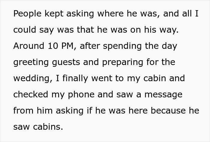 The groom checked his phone at 10 PM, seeing a message from his friend about being at the wedding location. The groom checked his phone at 10 PM, seeing a message from his friend about being at the wedding location.