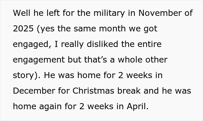 Text discussing a fiancé leaving for the military, highlighting the bride-to-be's dislike of the engagement. Text discussing a fiancé leaving for the military, highlighting the bride-to-be's dislike of the engagement.