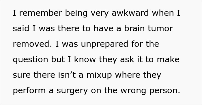 Man preparing for brain tumor removal, feeling awkward while confirming the surgery to medical staff.