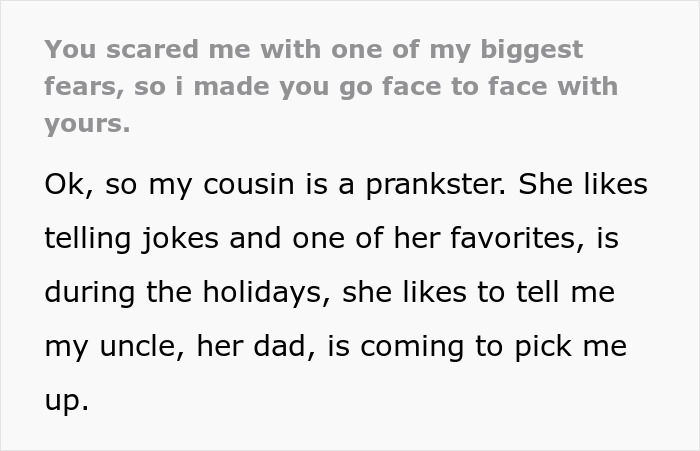 Screenshot of text discussing a relative's fear of a toxic uncle and a prank involving a clown chasing.