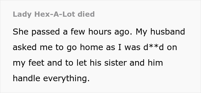 A text update stating Lady Hex-A-Lot died, indicating the MIL didn't survive witching around.