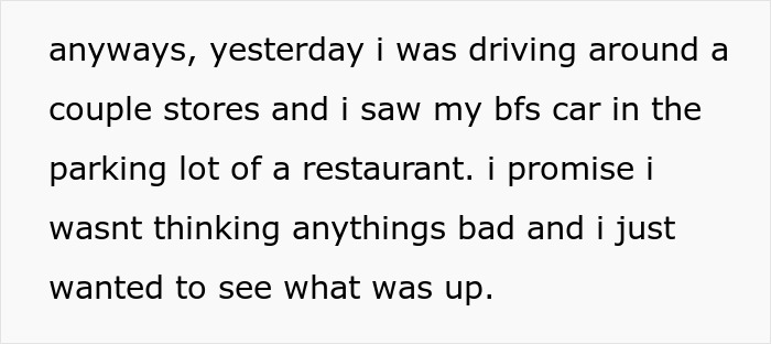 Text describing the woman finding her cheating ex's car in a restaurant parking lot.