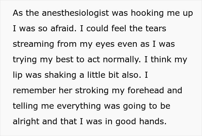 Anesthesiologist comforts the man with a brain tumor, hooking him up as he feels tears and fear before the operation.