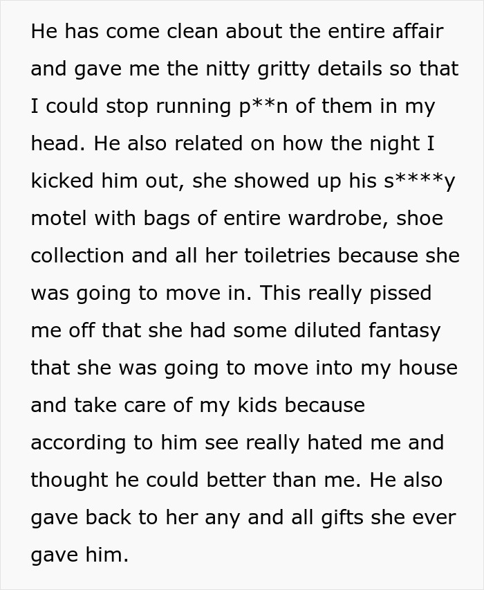Text describing the husband confessing details of his affair, including the coworker trying to move in, after he cheated on his pregnant wife. Text describing the husband confessing details of his affair, including the coworker trying to move in, after he cheated on his pregnant wife.