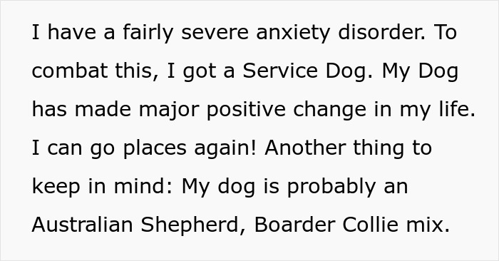 Text describing the anxiety disorder and how a service dog, an Australian Shepherd mix, helps the sibling.
