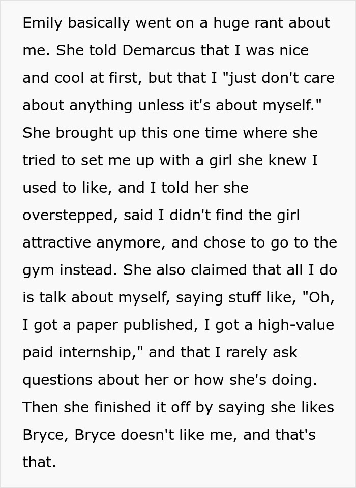 Text revealing Emily's rant about the friend she iced out after he refused to expose a cheating GF.